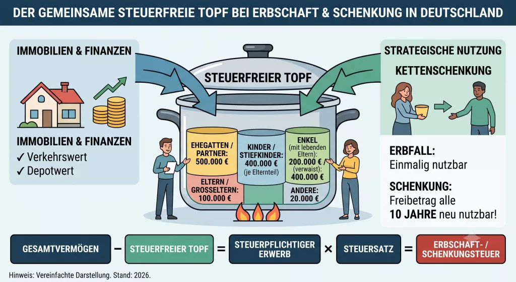 Infografik: Der gemeinsame steuerfreie Topf bei Erbschaft und Schenkung in Deutschland mit Freibeträgen für Ehegatten, Kinder, Enkel, Eltern und Großeltern sowie sonstige Erben, plus Hinweis zur Kettenschenkung