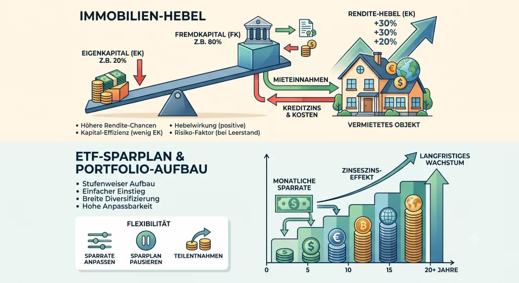Infografik: Fremdkapitalhebel bei einer vermieteten Immobilie mit Eigenkapital, Fremdkapital, Mieteinnahmen und Kreditzins im Vergleich zum stufenweisen Vermögensaufbau per ETF-Sparplan mit Zinseszinseffekt