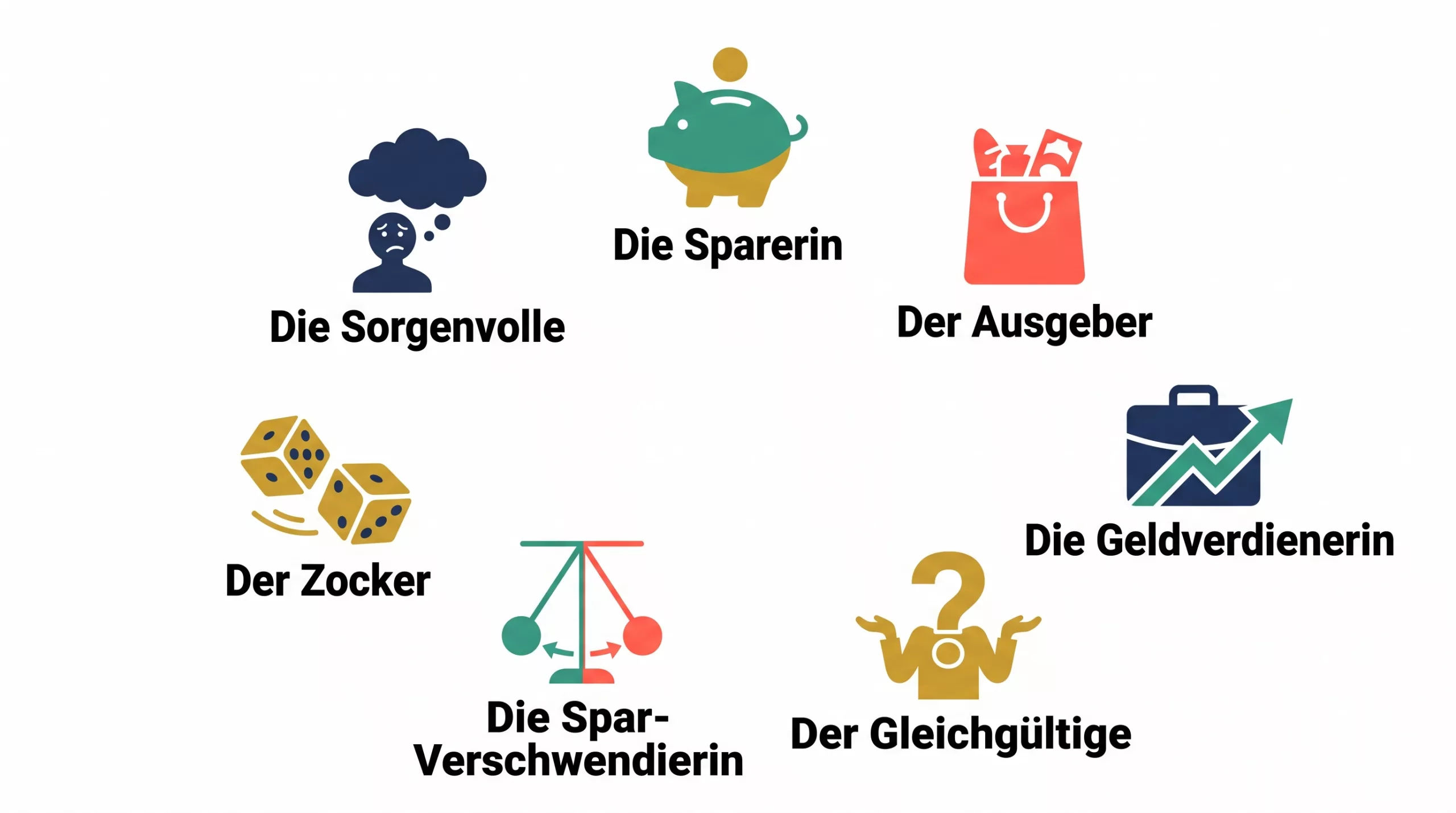 Die 7 Geld-Persönlichkeiten nach Ken Honda als Icons mit Beschriftung: Die Sparerin, Der Ausgeber, Die Geldverdienerin, Der Gleichgültige, Die Spar-Verschwenderin, Der Zocker, Die Sorgenvolle