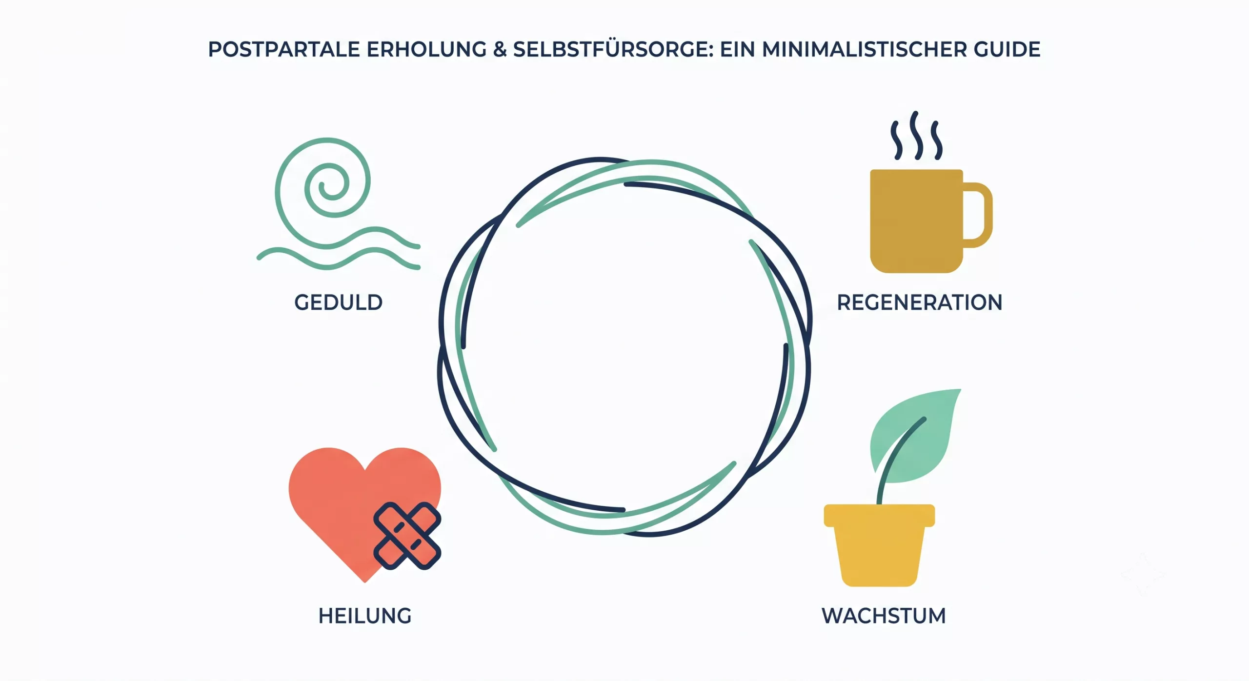 Icon-Illustration zu postpartaler Erholung und Selbstfürsorge: Geduld, Regeneration, Heilung, Wachstum