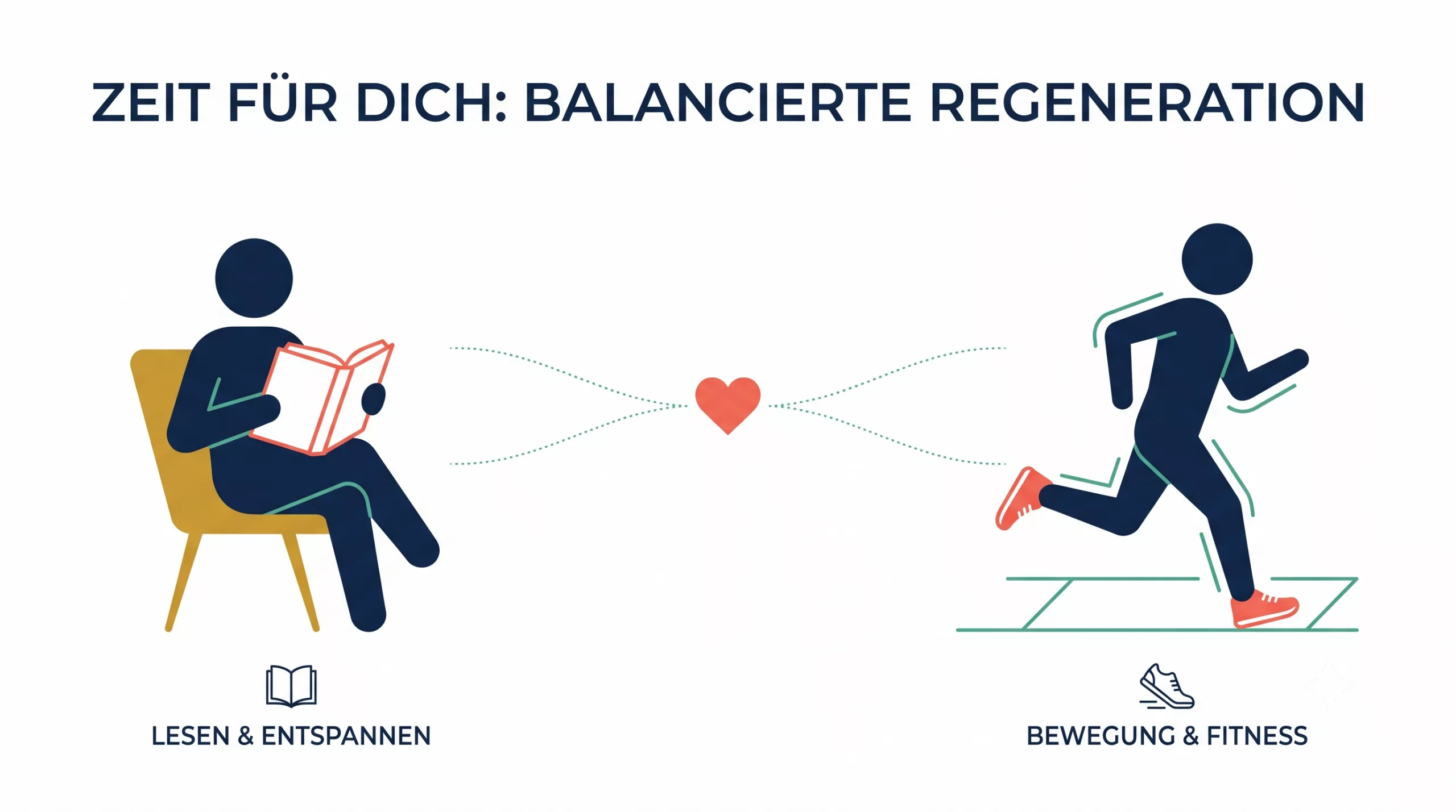 Illustration von zwei Personen bei je eigener Erholung – Lesen und Laufen – verbunden durch ein Herz als Symbol für Balance